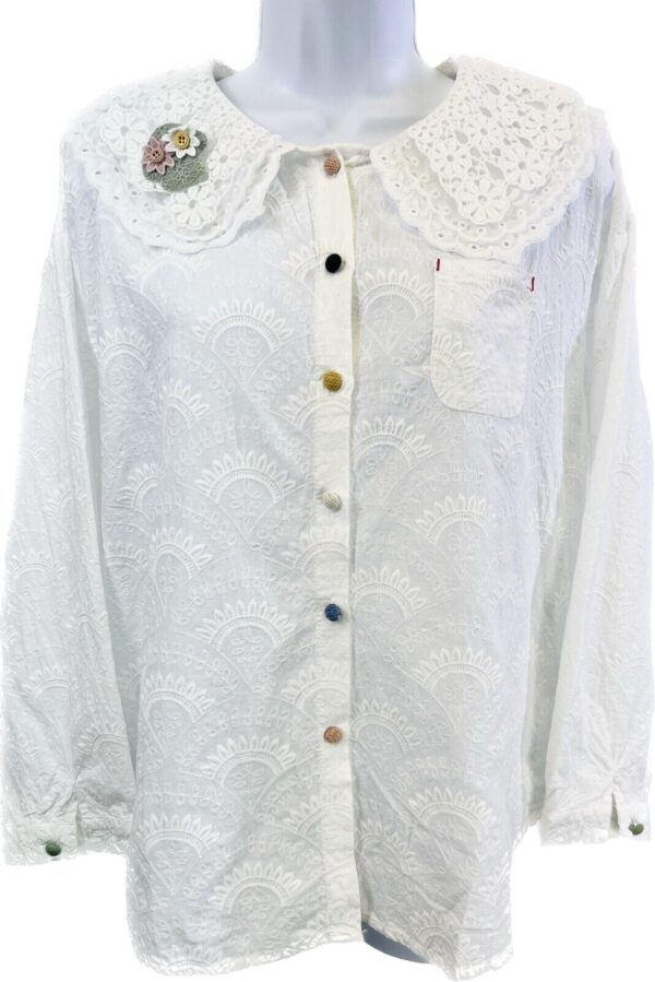 Women’s Mori Lolita Full Embroidery Lace Collar Cotton Shirt Blouse White US OS