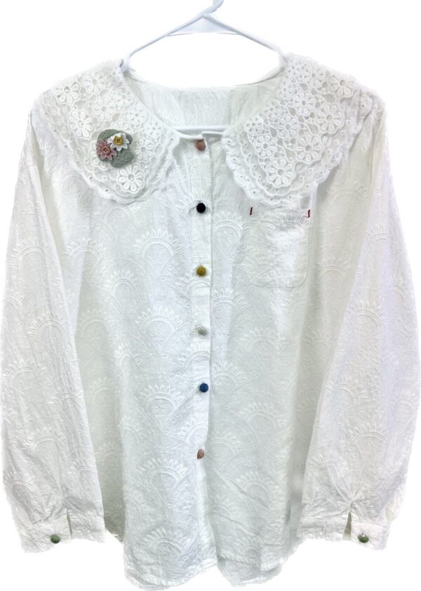 Women’s Mori Lolita Full Embroidery Lace Collar Cotton Shirt Blouse White US OS - Image 3