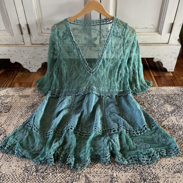 M New Teal Lace Crochet Boho Folk Tunic Blouse Top CoverUp Womens Size MEDIUM OS