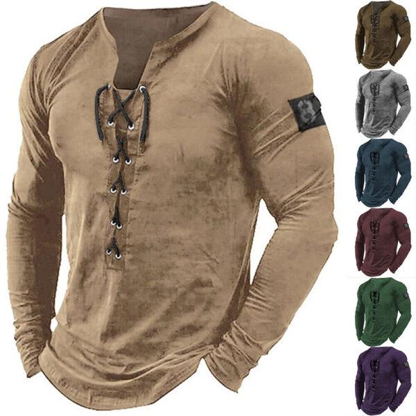 Mens Lace Up Long Sleeve T Shirt Tee Grandad Gym Fitness Muscle Fit Shirts Tops  | eBay