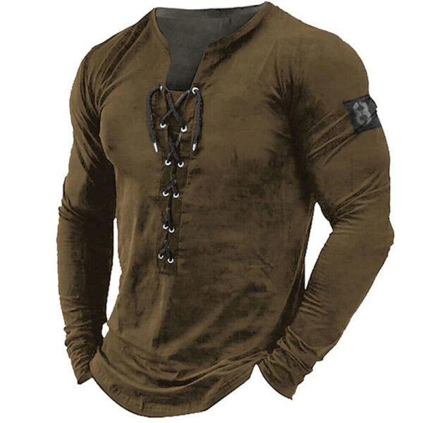 Mens Lace Up Long Sleeve T Shirt Tee Grandad Gym Fitness Muscle Fit Shirts Tops  | eBay - Image 3