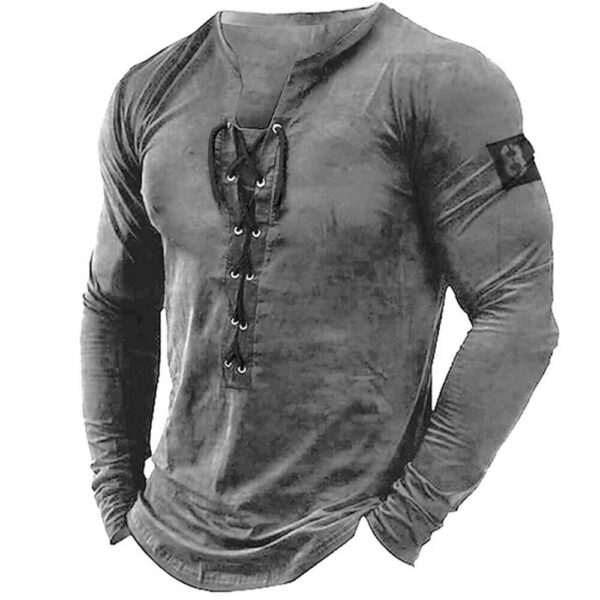 Mens Lace Up Long Sleeve T Shirt Tee Grandad Gym Fitness Muscle Fit Shirts Tops  | eBay - Image 4