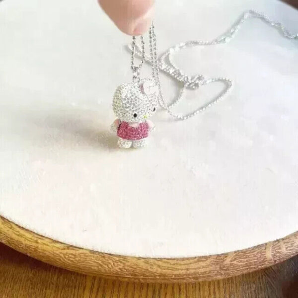 2Ct Round Cut Simulated Pink Sapphire Hello Kitty Pendant 14K White Gold Plated - Image 2