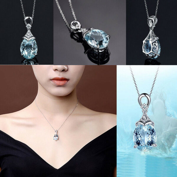 Women 925 Silver Aquamarine Gemstone Pendant Necklace Valentine's Day Gift HOT - Image 4