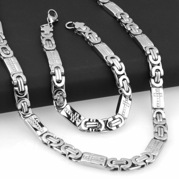 Men Women Silver Stainless Steel Byzantine Chain Necklace Bracelet Jewelry Set