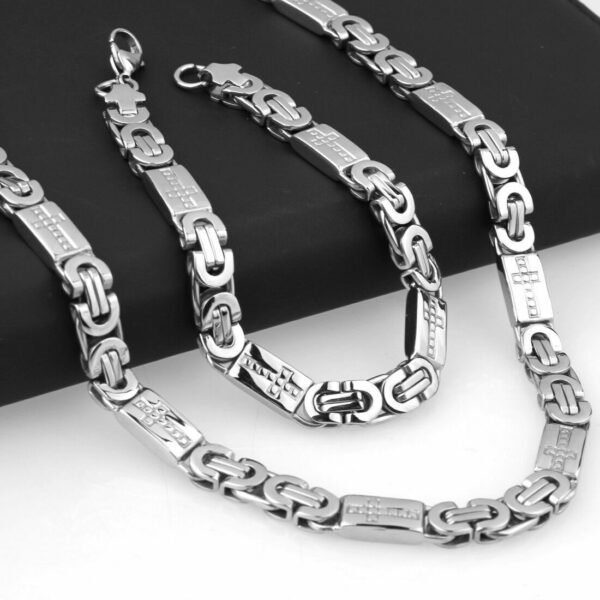 Men Women Silver Stainless Steel Byzantine Chain Necklace Bracelet Jewelry Set - Image 6