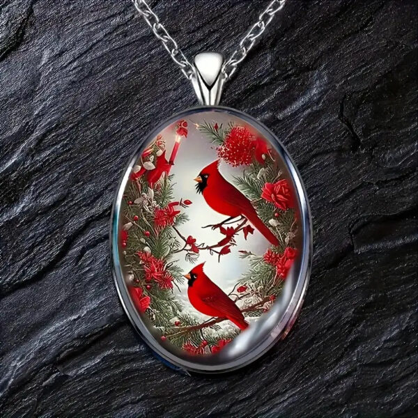 Northern Cardinal Oval Jewelry Vintage Silvery Bird Nature Pendant Necklace