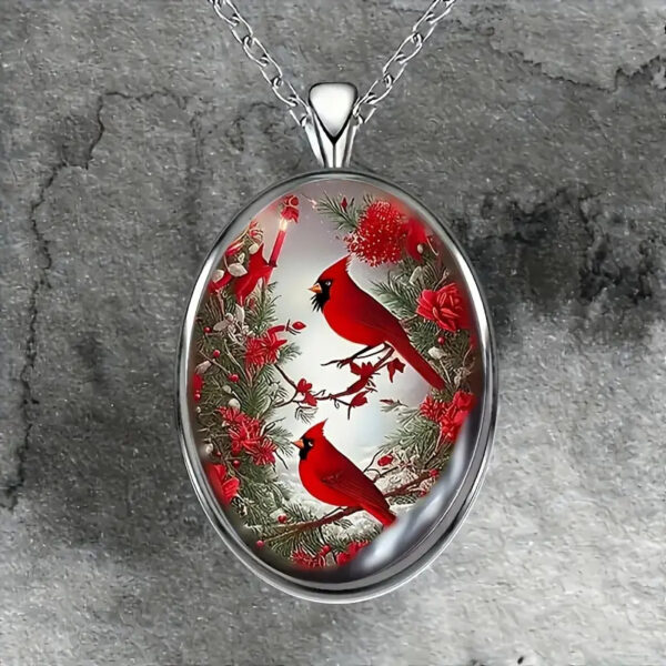 Northern Cardinal Oval Jewelry Vintage Silvery Bird Nature Pendant Necklace - Image 2