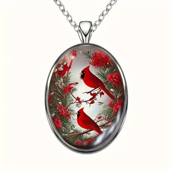 Northern Cardinal Oval Jewelry Vintage Silvery Bird Nature Pendant Necklace - Image 3