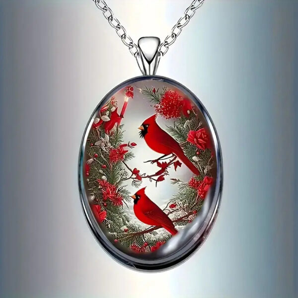 Northern Cardinal Oval Jewelry Vintage Silvery Bird Nature Pendant Necklace - Image 4