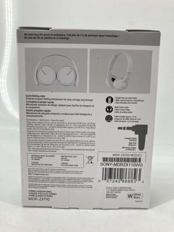 Sony MDR-ZX110 On the Ear Headphones - White - Image 2